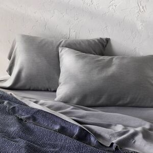 Casaluna Gray Sheet Set with Slate Blue Throw